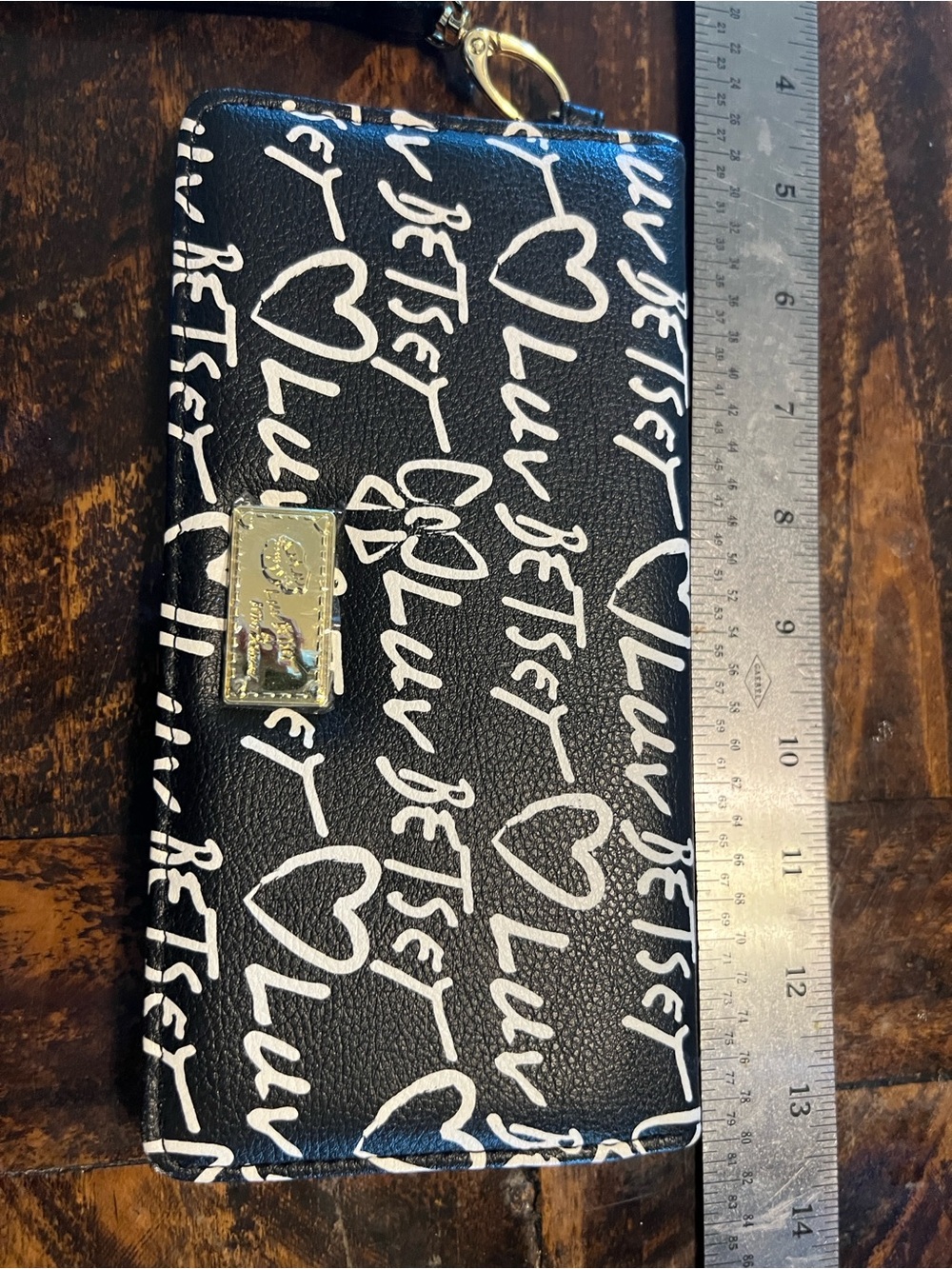 Betsey Johnson Black Wallet with White Script Heart Print